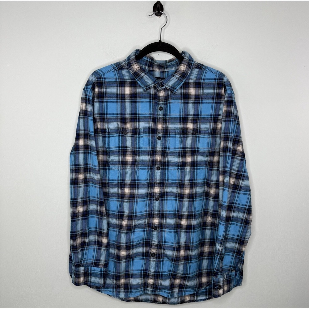 American Eagle Men's Button Up Flannel Shirt Sz 2XL XXL Blue Plaid Prep Fit EUC